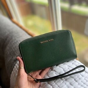 Michael Kors Green Leather Clutch with Gold Hardware